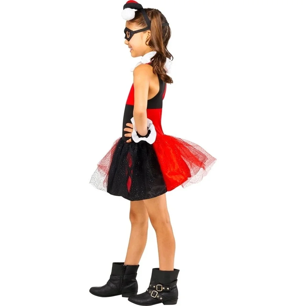 DC Harley Quinn Costume Girls XS 4-5 Tutu Dress Mask Collar Headpiece